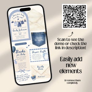 Blue Jean Baby Shower Digital Website Invitation, Trackable RSVP (Digital Canva Template)