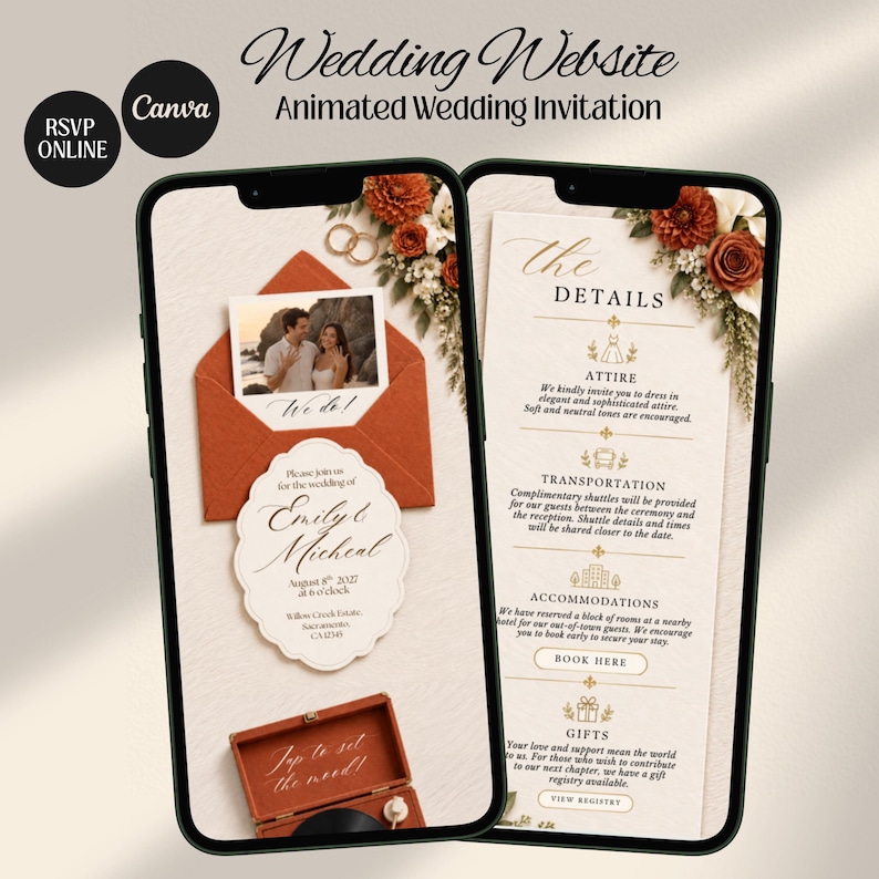 Burnt Orange Fall Terracotta Animated Digital Wedding Invitation Website Online RSVP, Music (Canva Template)