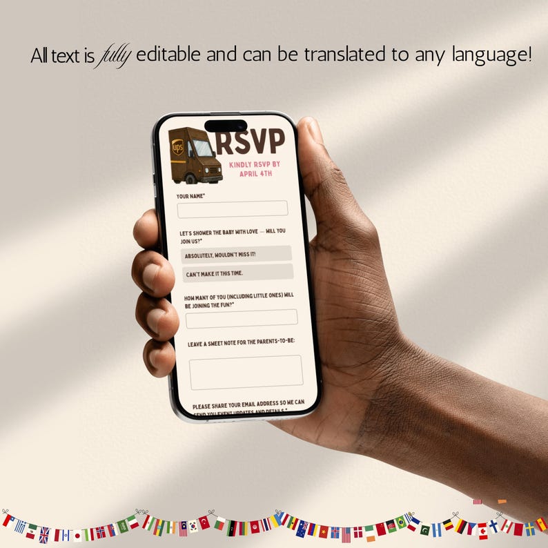 Puede incluir: Un tel&eacute;fono inteligente muestra un formulario de RSVP para un baby shower con un gr&aacute;fico de cami&oacute;n UPS. El formulario incluye campos para el nombre, las respuestas y una nota para los futuros padres. El texto en la pantalla dice "RSVP" y "Kindly RSVP by April 4th."