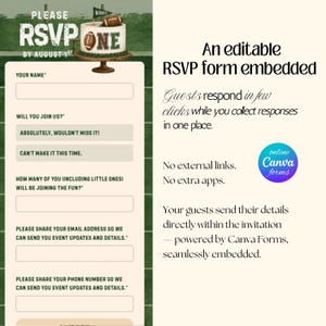 May include: An editable digital RSVP form template featuring a football-themed design with a cake illustration, text reading PLEASE RSVP BY AUGUST 1ST, and fields for name, attendance, guest count, email, and phone number, powered by Canva Forms.
