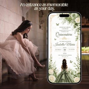 Quinceañera Digital Invitation Website with Online RSVP Countdown Music (Canva Template) Sage Green