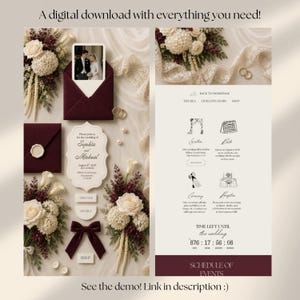 Burgundy Ivory Floral Old Money Digital Wedding Invitation Website: Online RSVP, Countdown, Digital Download Canva Template