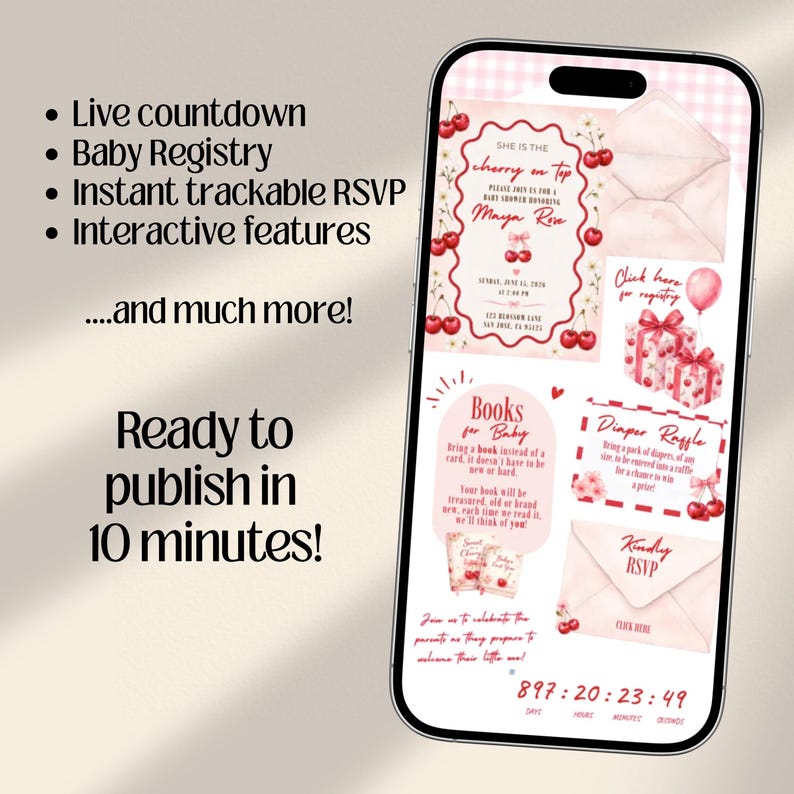 Cherry on Top Baby Shower Website Invitation with online RSVP Countdown Music (Digital Canva Template)