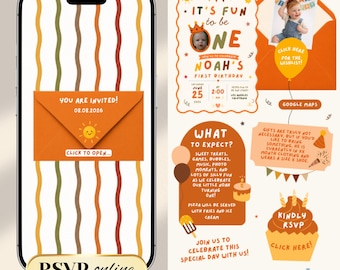 Fall Fun to be One 1st Birthday Digital Web Invitation with RSVP and Countdown | Canva Template