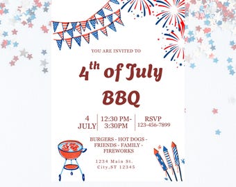 4th of July Party Invitation: Editable Canva Template (Digital Download, 5x7in