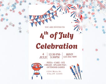4th of July Party Invitation: Editable Canva Template (Digital Download, 5x7in