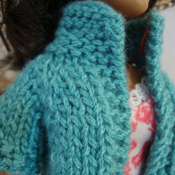 Doll Clothes Teal Cotton Sweater Coat Hand Knit fits 9 10 inch fashion doll such as Bratz Skipper Blythe