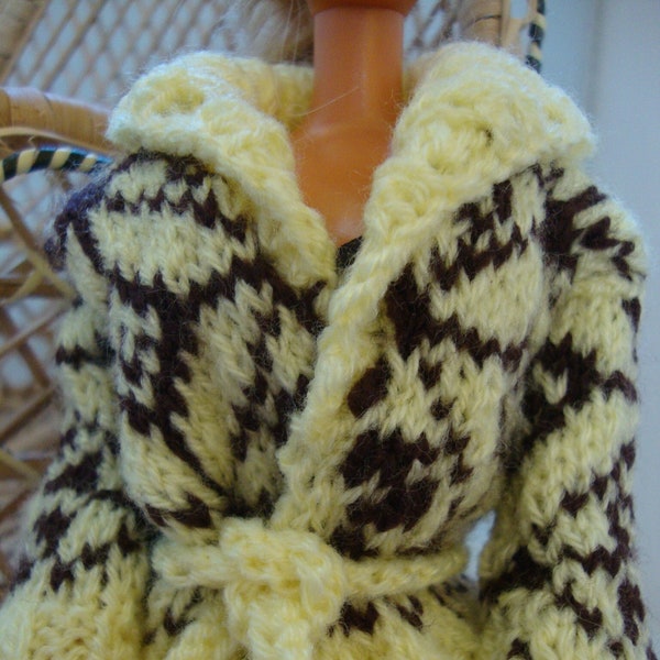 Hand Knit 11.5" Doll Clothes Cardigan Norwegian Sweater Yellow Brown fits fashion doll such as Barbie