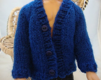 Hand Knit 12" Doll Clothes Blue Cardigan Sweater fits fashion doll such as Ken