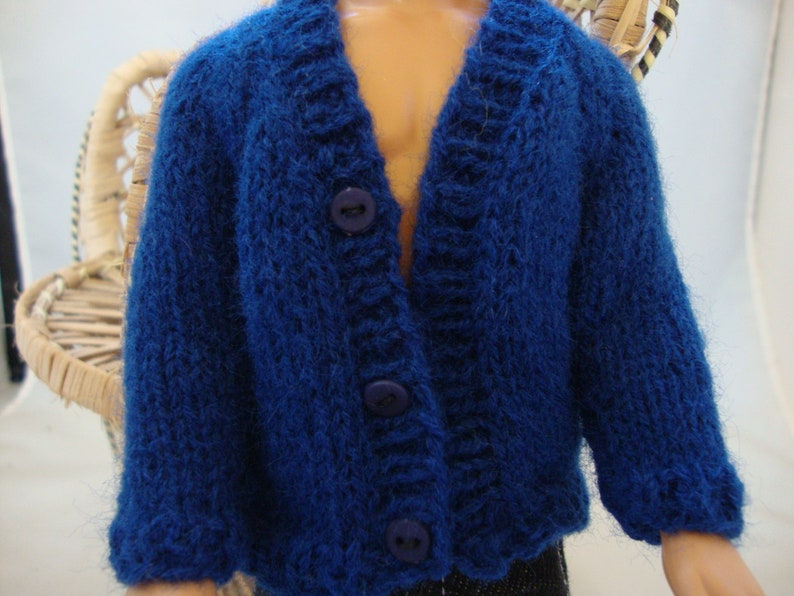 Hand Knit 12 Doll Clothes Blue Cardigan Sweater fits fashion doll such as Ken image 1