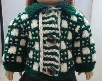 Hand Knit 18" Doll Clothes Green Cream Cardigan Sweater fits such as American Girl Doll