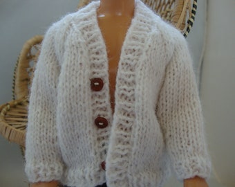 Hand Knit 12" Doll Clothes White Cardigan Sweater fits fashion doll such as Ken