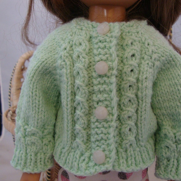 Hand Knit 14.5 inch doll clothes Green Cotton Cable Cardigan sweater fits doll such as Wellie Wisher St Patrick's Day