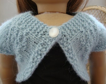 Hand Knit 18" Doll Clothes Pale Blue Ballet Style Bolero Sweater with button fits such as American Girl