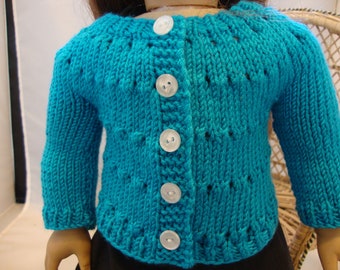 Hand Knit Turquoise Cardigan Sweater Girl doll clothes fits 18 inch doll such as American