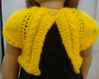 Hand Knit 18" Doll Clothes Bright Yellow Bolero Sweater with Button fits such as American Girl Doll