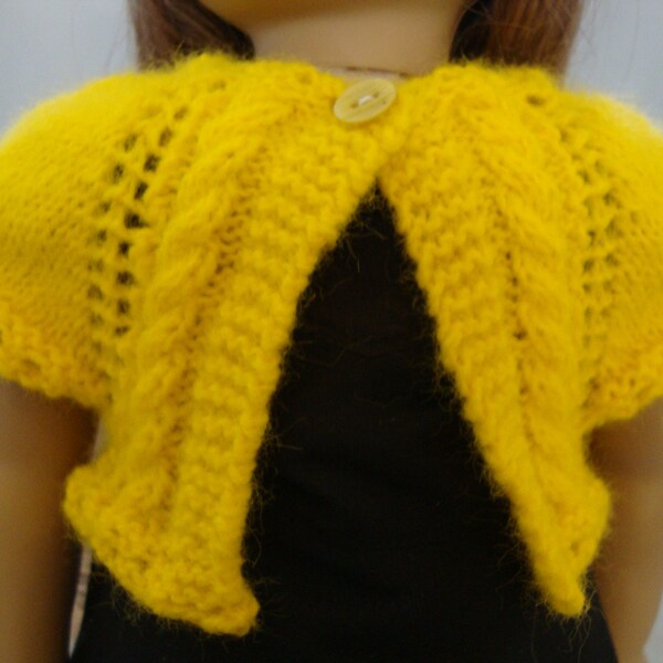 Hand Knit 18" Doll Clothes Bright Yellow Bolero Sweater with Button fits such as American Girl Doll