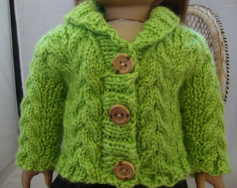 Hand Knit 18" Doll Clothes Lime Green Cable Cardigan Sweater fits doll such as American Girl