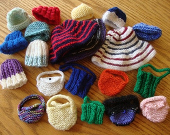 Hand Knit Hat and Purses Doll Clothes fit 11.5" doll or head size of 3 - 4' around Various colors and styles