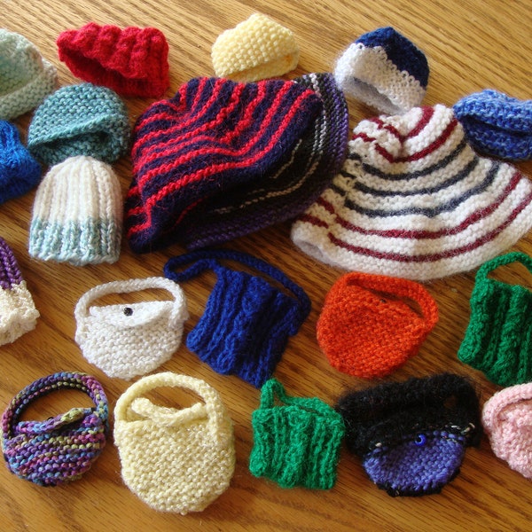 Hand Knit Hat and Purses Doll Clothes fit 11.5" doll or head size of 3 - 4' around Various colors and styles