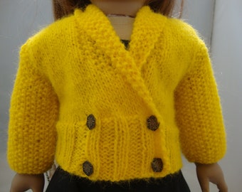 Hand Knit Golden Yellow Double Breast Girl Sweater Doll Clothes fits 18" such as American