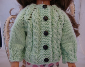 Hand Knit 14.5 inch doll clothes Soft Pale Green Cables Sweater Cardigan fits doll such as Wellie Wisher