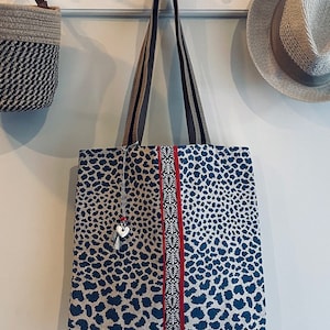 Blue Animal Print Linen Tote Bag: Handmade Boho Travel Bag