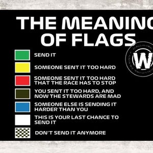 May include: Black rectangular sign with white text, "THE MEANING OF FLAGS." Below, a list of flag meanings: green for "SEND IT," yellow for "SOMEONE SENT IT TOO HARD," red for "THAT THE RACE HAS TO STOP," and more. A logo is in the upper right.