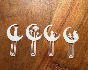 Whimsical Moon Bookmarks – Cat, Dog, Rabbit & Mushroom Designs | Unique Crescent Moon Page Markers