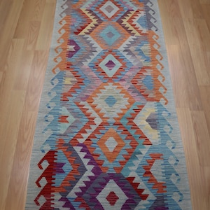 3 x 8 ft Blue Kilim Runner Rug - Afghan Handmade Flatweave Veg dye Wool Runner carpet -  Hallway Runner - Entryway Runner - bedroom runner