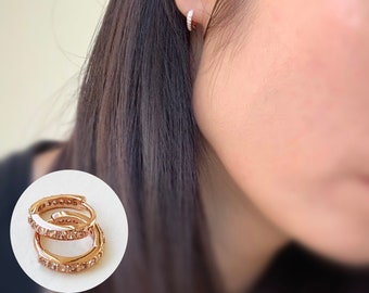 Cubic Zirconia Huggie Hoop Earrings: Rhodium or Rose Gold