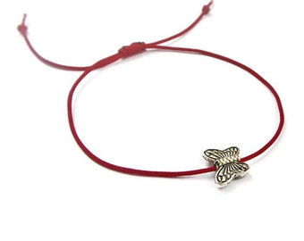 Red String Bracelet: Silver Plated Butterfly Charm, Adjustable