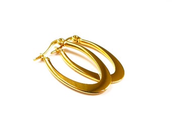 Gold Oval Hoop Earrings: Stainless Steel Sleek Clean Dangles