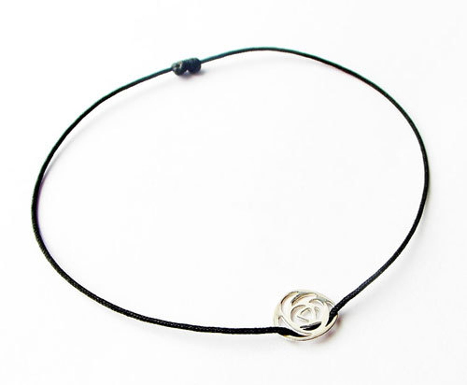 Sterling Silver Rose Charm Black String Bracelet Simple Etsy