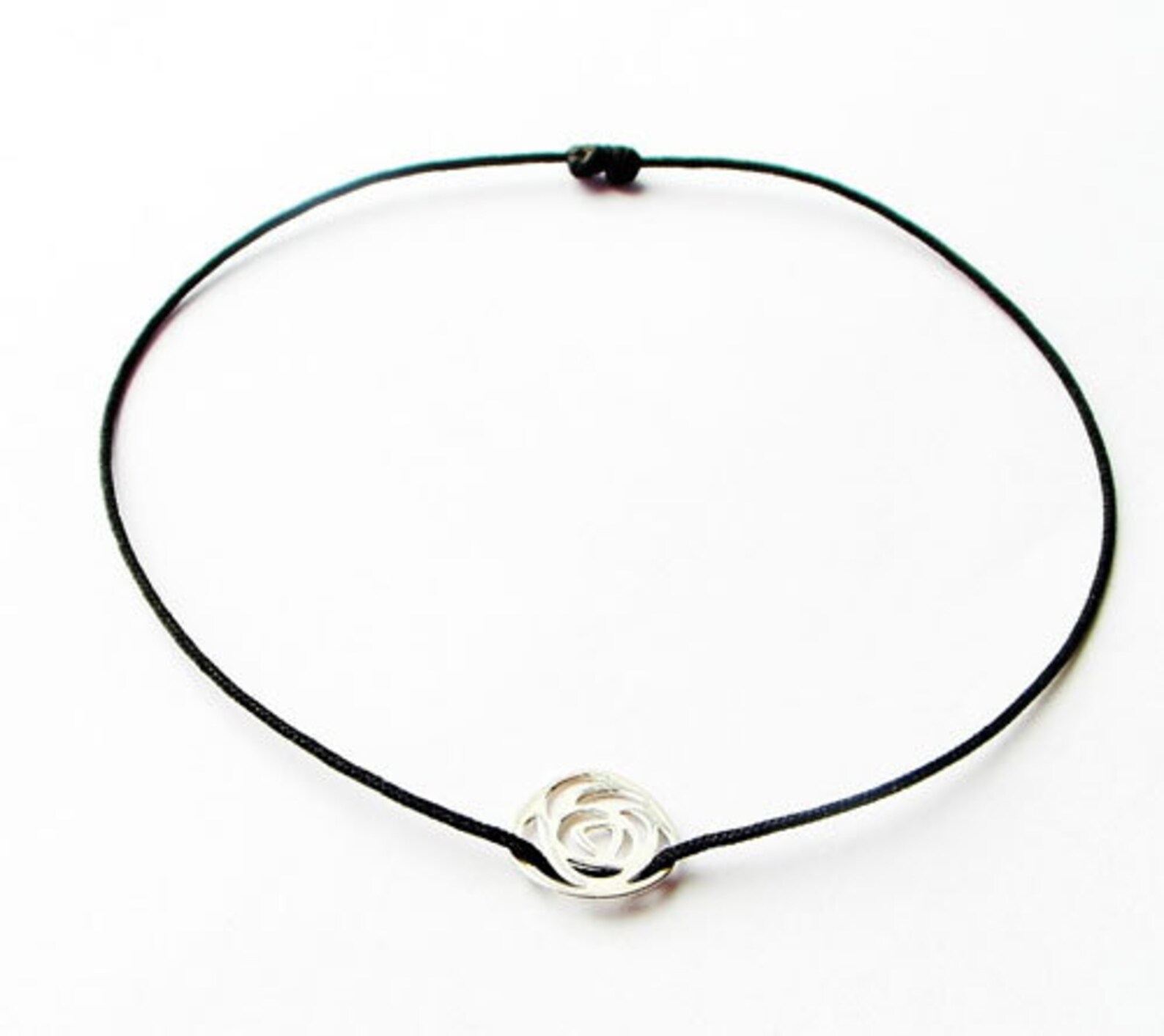 Sterling Silver Rose Charm Black String Bracelet Simple Etsy
