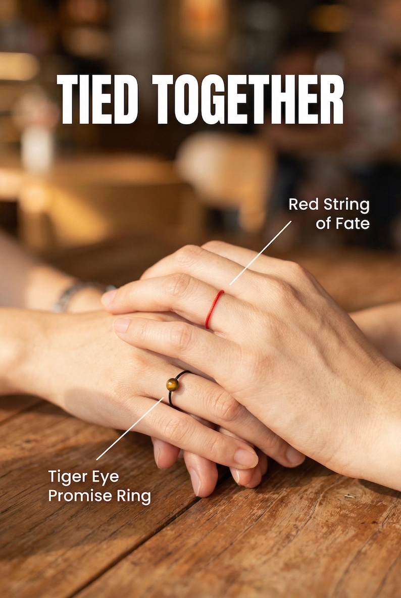 Pierścionki dla par, Czerwony sznur losu, Czerwony pierścionek ze sznurka, Zestaw pierścionków do łączenia, Pierścionek z tygrysim okiem, Zestaw pierścionków dla par, Czarny pierścionek, Pierścionki dla najlepszych przyjaciół zdjęcie 3