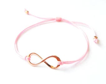 Rose Gold Color Infinity, Pink Adjustable Bracelet, Gift for Wife, Anniversary Gift, Love Bracelet, Graduation Gift, String Jewelry, Audev