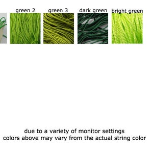 May include: Five spools of string in different shades of green, including dark green, bright green, and three shades of light green. The text 'due to a variety of monitor settings colors above may vary from the actual string color' is below the spools.