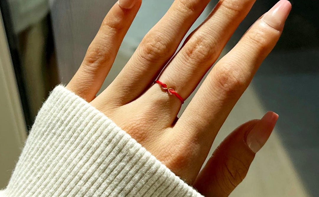 Red Ring Gold Dainty, Infinity Charm Ring With Red String, Red Rings ...
