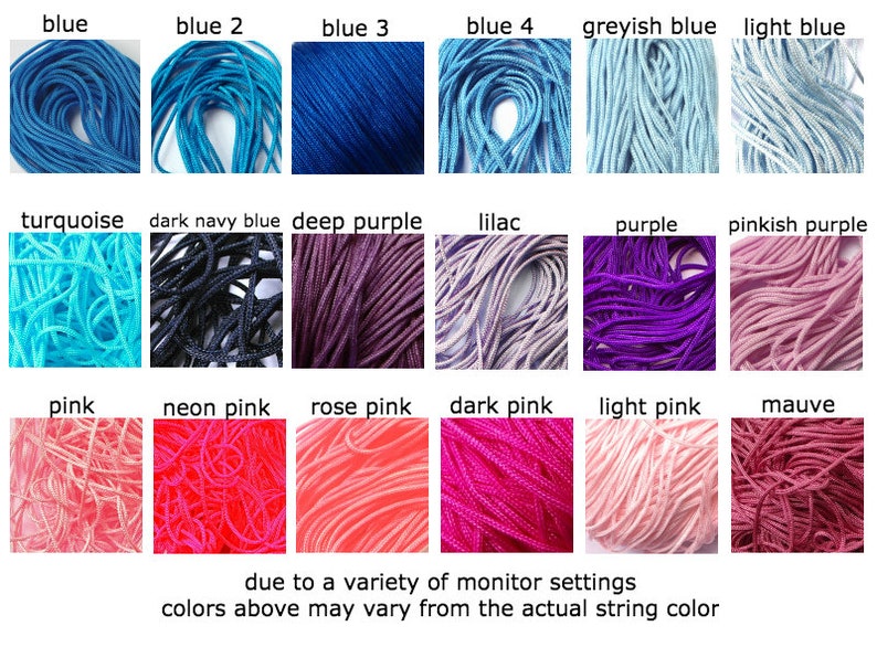 May include: A variety of colors of string, including blue, turquoise, purple, pink, and mauve. The string is arranged in rows and columns, with each color having its own label.