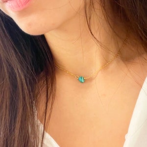 Turquoise Bead Necklace, Genuine Turquoise, Short Layering Necklace, Gold Chain Necklace, December Birthday, Small Turquoise Bead Necklace