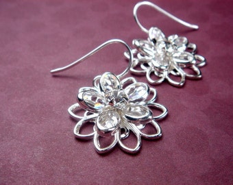 Swarovski Crystal, Flower Earrings, Sterling Silver Earrings, Wedding Earrings, Rhinestone Earrings, Crystal, Gift for Bridesmaids