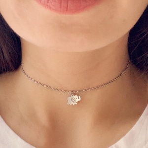 Dainty Choker, Elephant Necklace, Karma Necklace, Elephant Charm, Gift from Godmother, Birthday Gift Ideas, Stainless Steel Necklace, Gift
