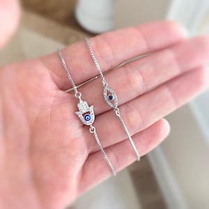 Evil Eye Bracelet, Hamsa Bracelet, Silver Hamsa Charm, Nickel Free, Gift for Her, 5th Anniversary Gift, Dainty Bracelet, Blue,Protection