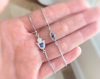Evil Eye Bracelet, Hamsa Bracelet, Silver Hamsa Charm, Nickel Free, Gift for Her, 5th Anniversary Gift, Dainty Bracelet, Blue,Protection