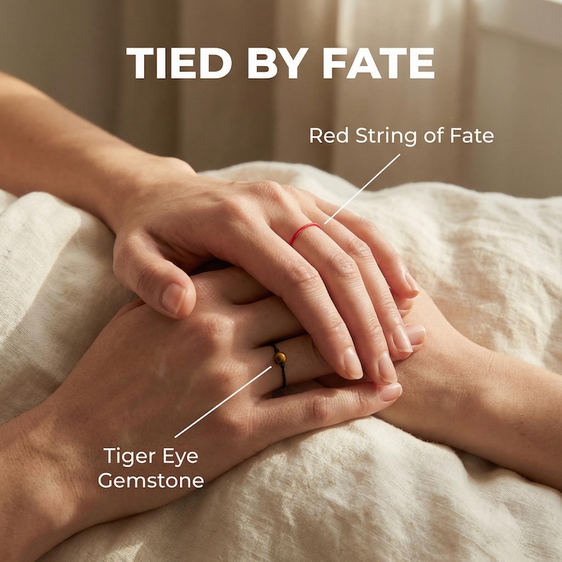 Pierścionki dla par, Czerwony sznur losu, Czerwony pierścionek ze sznurka, Zestaw pierścionków do łączenia, Pierścionek z tygrysim okiem, Zestaw pierścionków dla par, Czarny pierścionek, Pierścionki dla najlepszych przyjaciół zdjęcie 10