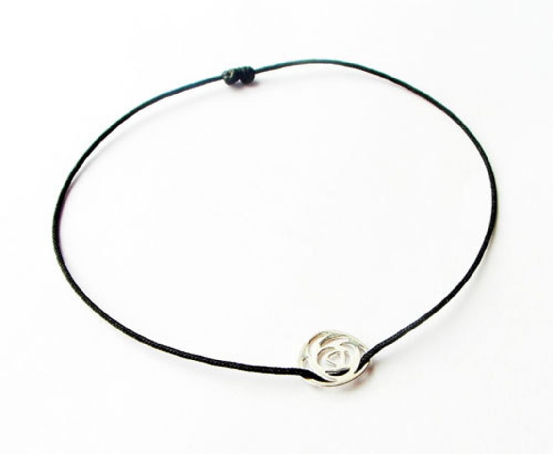 Sterling Silver Rose Charm Black String Bracelet Simple Etsy