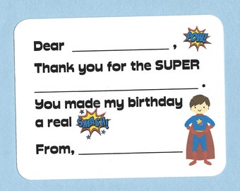 Super Hero Thank You Cards - Fill in the Blanks Cards, Superhero Thank You Notes, Little Boy Thank You Cards, Boys Superhero Thank You Notes