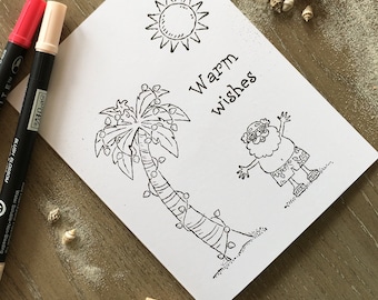 Sunny Seasons Greetings - Color Your Own Christmas Card, Kids Christmas Coloring Card, Cute Southern Christmas Card, Santa on the Beach Card