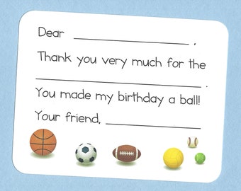 Sports Balls Thank You Cards - (set of 10) Fill in the Blank Cards, Sports Party Thank You Cards, Sports Birthday Thank You Note, Boys Cards